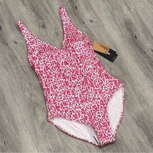 Simon Chang Pink & White Leopard Animal Print Summer Vacation One Piece Swimsuit